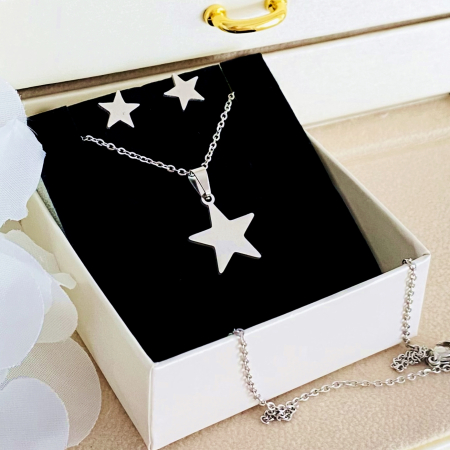 Set Colier & Cercei Stele Argintii - Otel Inoxidabil, Bijuterii Inox, Cadouri Femei [2]