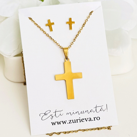 Set Colier & Cercei Cruciulite Aurii - Otel Inoxidabil, Bijuterii Inox, Cadouri Femei [0]