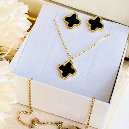 Set Colier & Cercei Trifoi Negru - Otel Inoxidabil, Bijuterii Inox, Cadouri Femei [3]