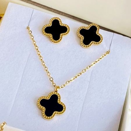 Set Colier & Cercei Trifoi Negru - Otel Inoxidabil, Bijuterii Inox, Cadouri Femei [2]