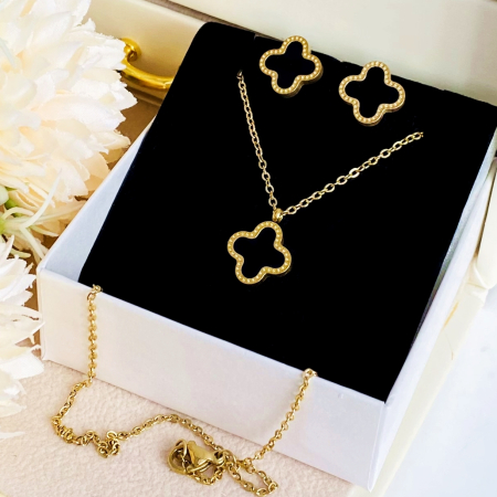 Set Colier & Cercei Trifoi Negru - Otel Inoxidabil, Bijuterii Inox, Cadouri Femei [4]