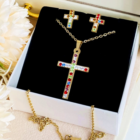 Set Colier & Cercei Cruciulite Colorate - Otel Inoxidabil, Bijuterii Inox, Cadouri Femei [3]