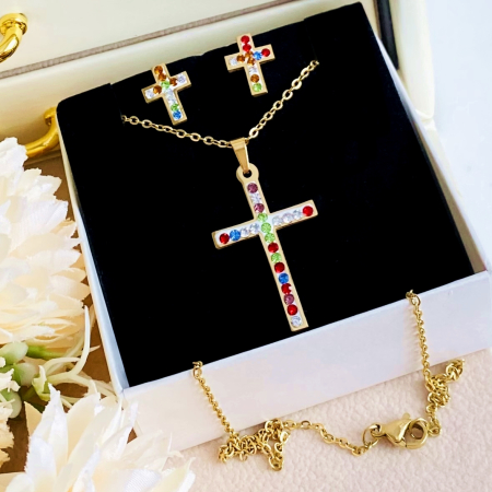 Set Colier & Cercei Cruciulite Colorate - Otel Inoxidabil, Bijuterii Inox, Cadouri Femei [4]