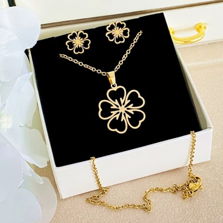 Set Colier & Cercei Flori Aurii - Otel Inoxidabil, Bijuterii Inox, Cadouri Femei [3]