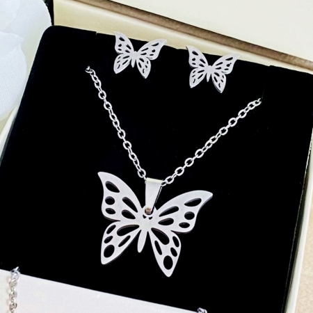 SETURI BIJUTERII Otel Inoxidabil - Set Colier & Cercei Fluturi Argintii - Otel Inoxidabil, Bijuterii Inox, Cadouri Femei
