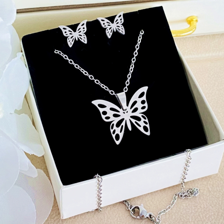 Set Colier & Cercei Fluturi Argintii - Otel Inoxidabil, Bijuterii Inox, Cadouri Femei [2]