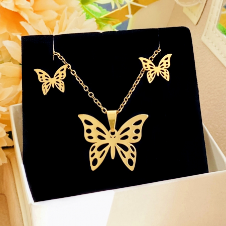 SETURI BIJUTERII Otel Inoxidabil - Set Colier & Cercei Fluturi Aurii - Otel Inoxidabil, Bijuterii Inox, Cadouri Femei