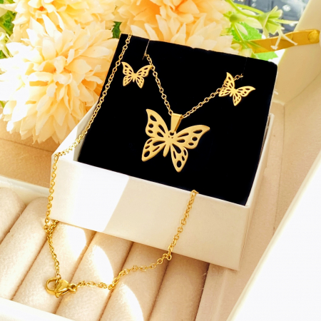 Set Colier & Cercei Fluturi Aurii - Otel Inoxidabil, Bijuterii Inox, Cadouri Femei [1]