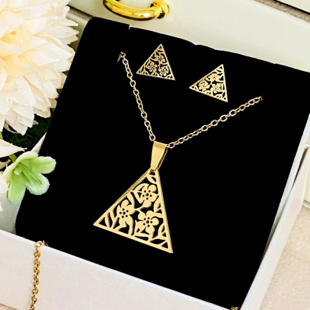 Set Colier & Cercei Triunghi Floral - Otel Inoxidabil, Bijuterii Inox, Cadouri Femei [2]