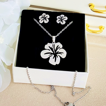 Set Colier & Cercei Floare Argintie - Otel Inoxidabil, Bijuterii Inox, Cadouri Femei [2]