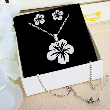 Set Colier & Cercei Floare Argintie - Otel Inoxidabil, Bijuterii Inox, Cadouri Femei [3]