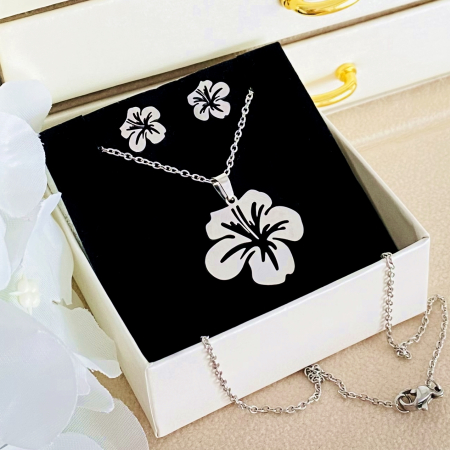 Set Colier & Cercei Floare Argintie - Otel Inoxidabil, Bijuterii Inox, Cadouri Femei [1]