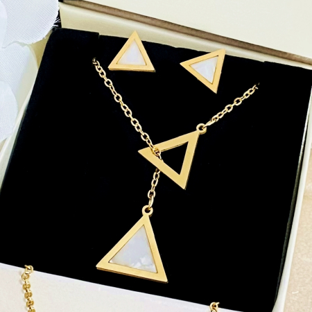 Set Colier & Cercei Triunghi Alb - Otel Inoxidabil, Bijuterii Inox, Cadouri Femei [1]