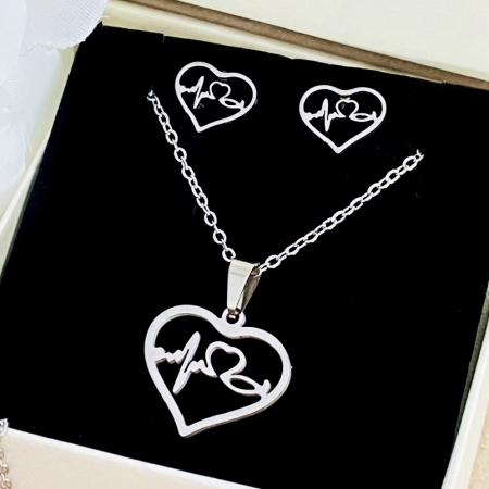 SETURI BIJUTERII Otel Inoxidabil - Set Colier & Cercei Inima Argintie - Otel Inoxidabil, Bijuterii Inox, Cadouri Femei