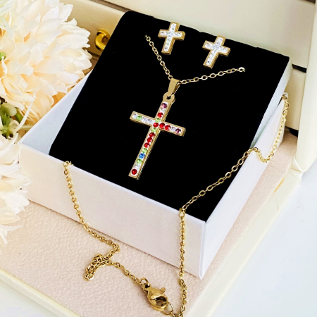 Set Colier & Cercei Cruciulite Cristale - Otel Inoxidabil, Bijuterii Inox, Cadouri Femei [2]