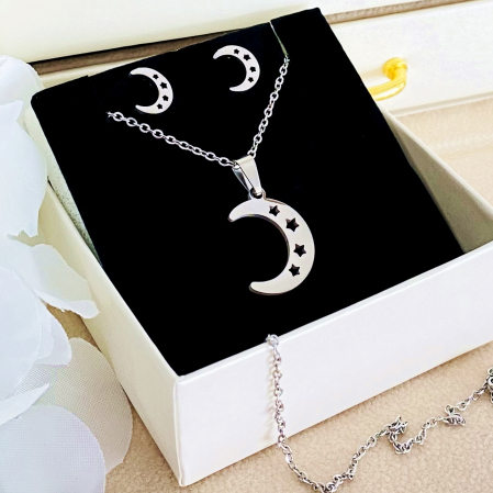 Set Colier & Cercei Luna Argintie - Otel Inoxidabil, Bijuterii Inox, Cadouri Femei [3]