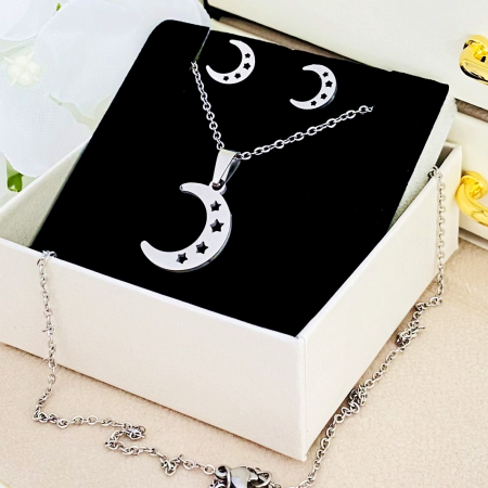 Set Colier & Cercei Luna Argintie - Otel Inoxidabil, Bijuterii Inox, Cadouri Femei [2]