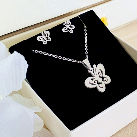 Set Colier & Cercei Fluturasi Argintii - Otel Inoxidabil, Bijuterii Inox, Cadouri Femei [3]