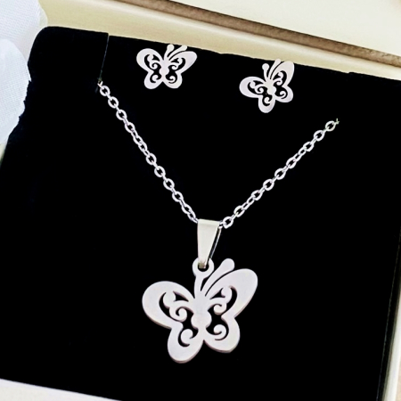 SETURI BIJUTERII Otel Inoxidabil - Set Colier & Cercei Fluturasi Argintii - Otel Inoxidabil, Bijuterii Inox, Cadouri Femei