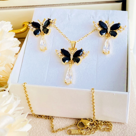 Set Colier & Cercei Fluturi Cristale Negre - Otel Inoxidabil, Bijuterii Inox, Cadouri Femei [2]