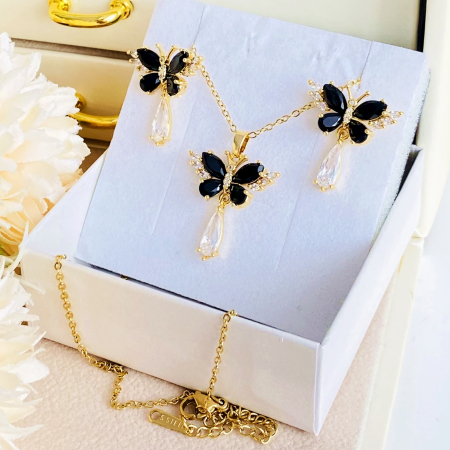Set Colier & Cercei Fluturi Cristale Negre - Otel Inoxidabil, Bijuterii Inox, Cadouri Femei [5]