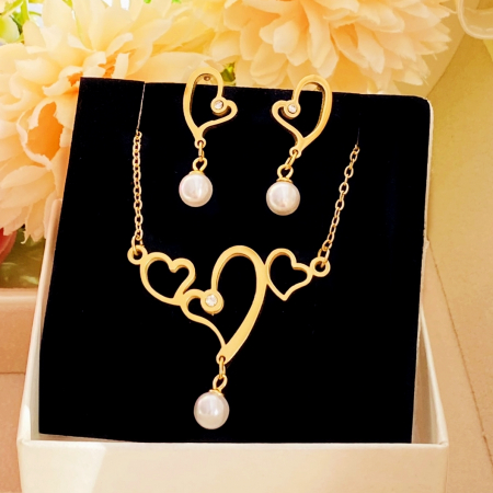 Set Colier & Cercei Inimi & Perle - Otel Inoxidabil, Bijuterii Inox, Cadouri Femei [0]