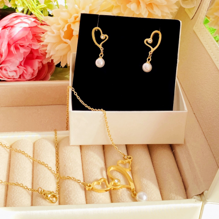 Set Colier & Cercei Inimi & Perle - Otel Inoxidabil, Bijuterii Inox, Cadouri Femei [4]