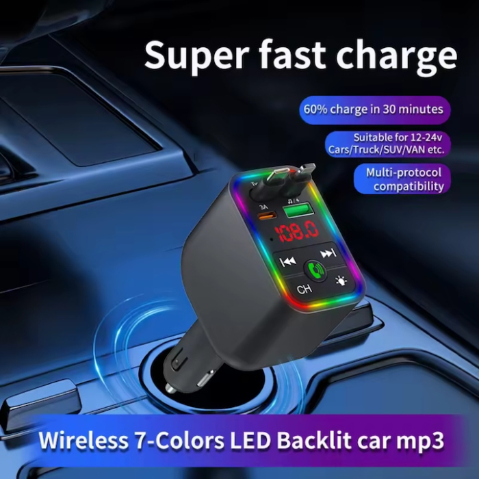 Adaptor auto Bluetooth 4 în 1 BT 5.3, FM Transmitter cu display LED, USB și Type-C, încărcare rapidă Super Fast Charge, redare MP3/WAV, 12-24V [8]