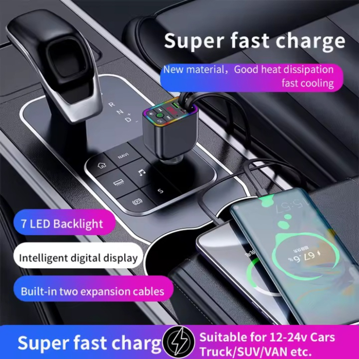 Adaptor auto Bluetooth 4 în 1 BT 5.3, FM Transmitter cu display LED, USB și Type-C, încărcare rapidă Super Fast Charge, redare MP3/WAV, 12-24V [7]