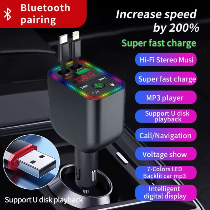 Adaptor auto Bluetooth 4 în 1 BT 5.3, FM Transmitter cu display LED, USB și Type-C, încărcare rapidă Super Fast Charge, redare MP3/WAV, 12-24V [4]