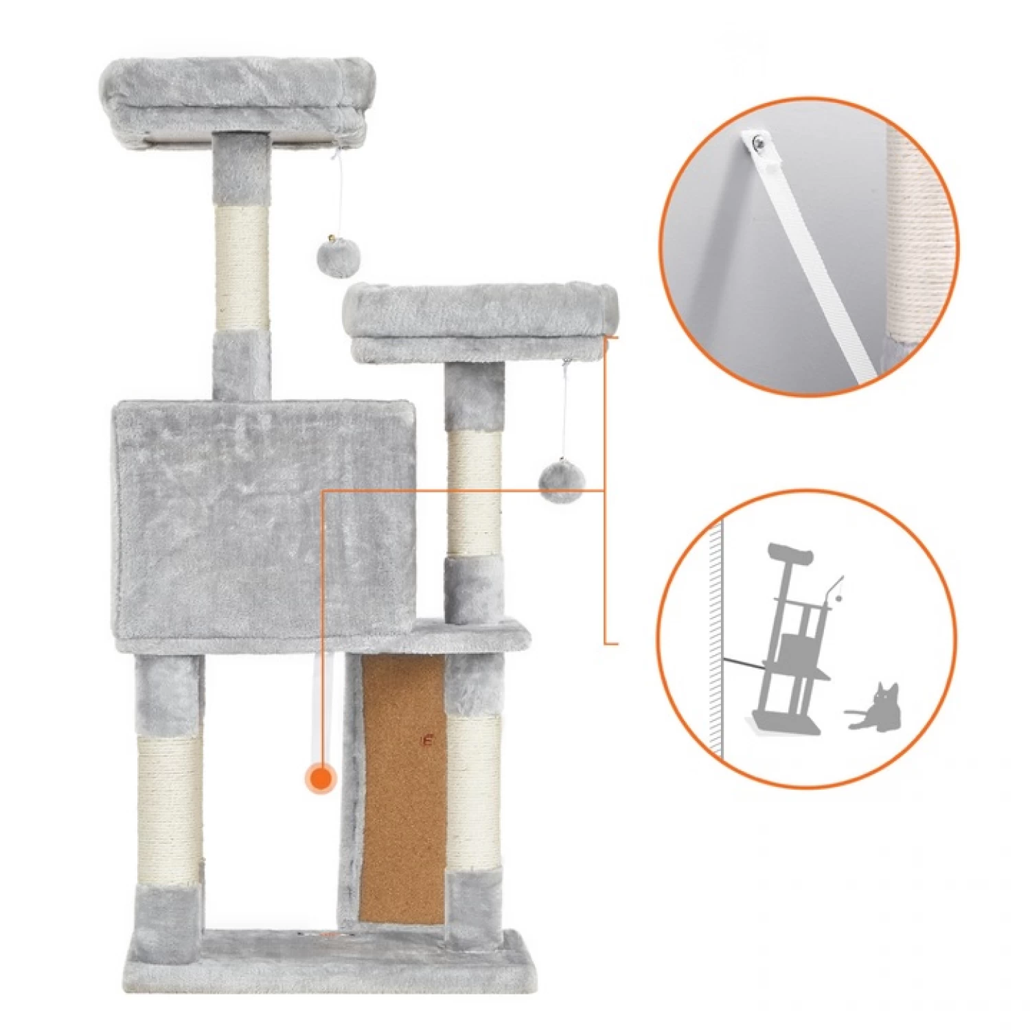 Ansamblu de joacă pentru pisici tip copac, 2 culcușuri și ascunzătoare, 115 cm, gri deschis, cu sisal și kit anti-răsturnare [7]