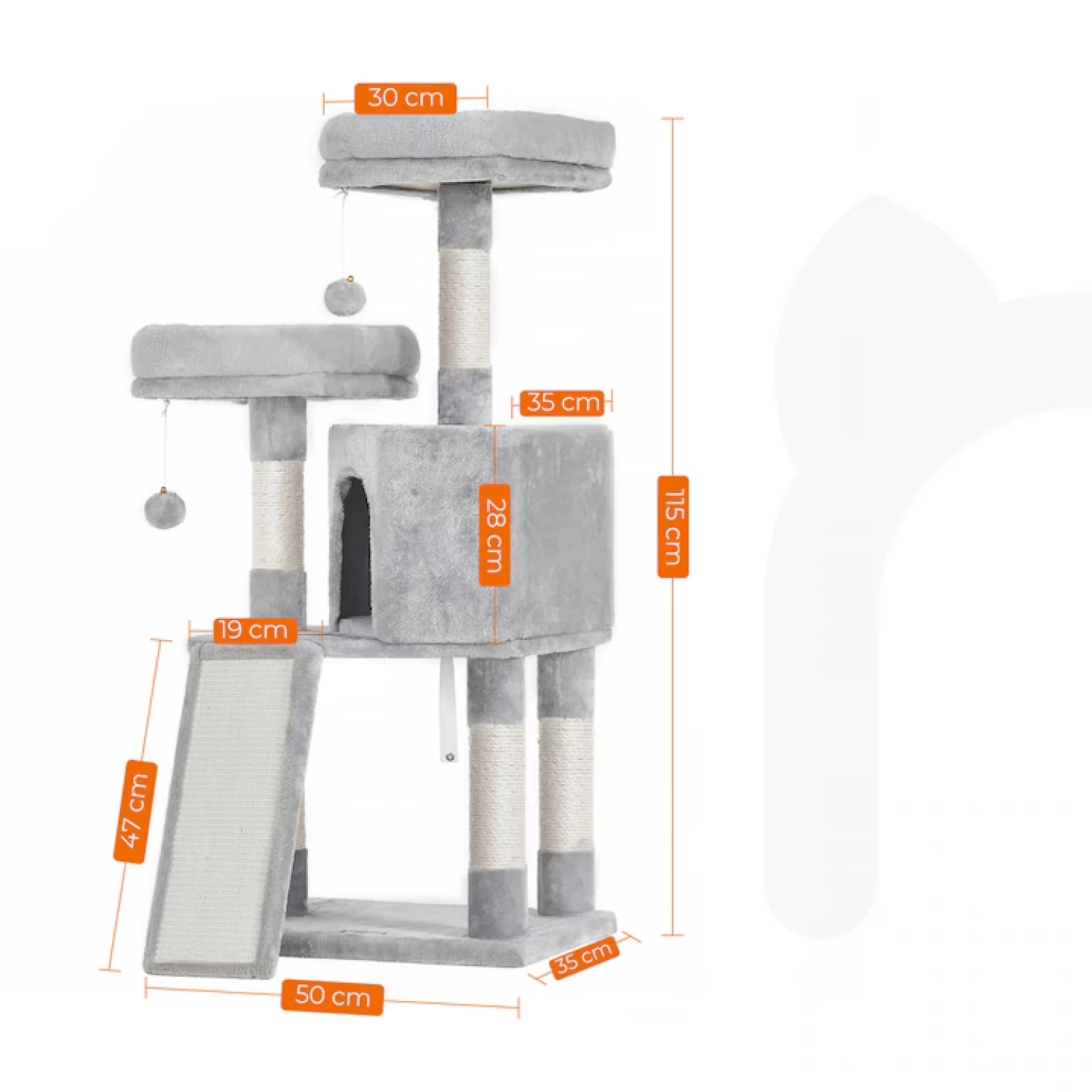 Ansamblu de joacă pentru pisici tip copac, 2 culcușuri și ascunzătoare, 115 cm, gri deschis, cu sisal și kit anti-răsturnare [6]