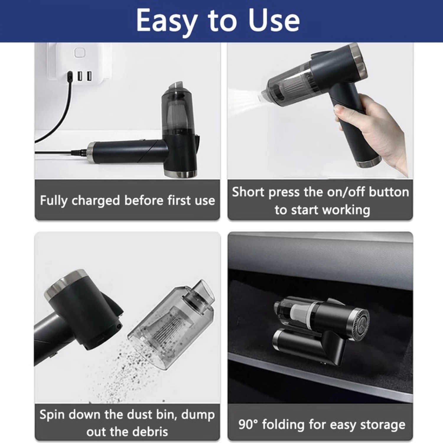 Aspirator auto portabil multifuncțional, fără fir, 9000Pa, 3 în 1, negru, USB reîncărcabil, cu duze și filtru HEPA [6]