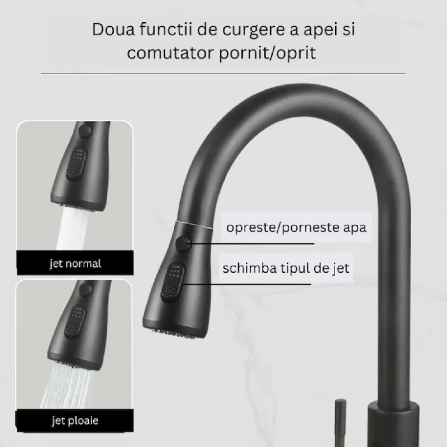 Baterie Bucătărie cu Pipă Înaltă și Duș Extractibil - 2 Funcții de Curgere, Rotire 360°, Cartuș Ceramic, Instalare Rapidă [3]