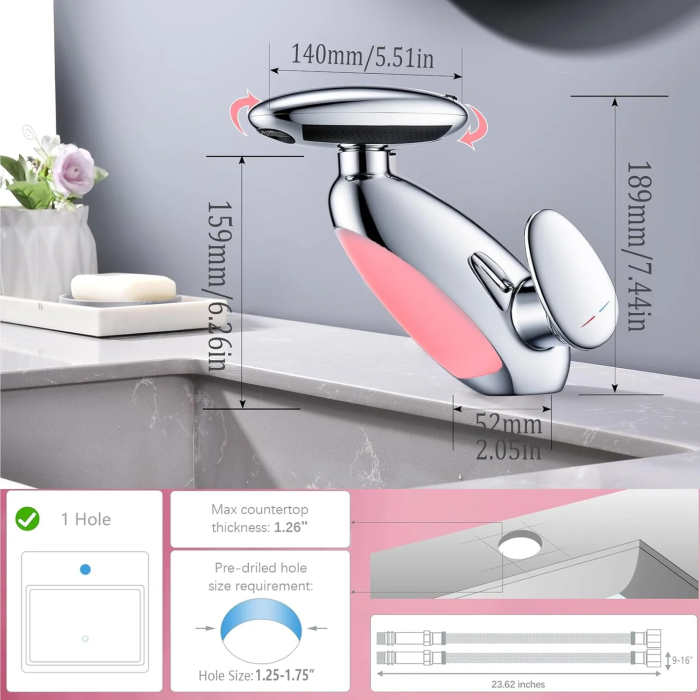 Baterie Chiuvetă Baie cu LED Inteligent, 4 Moduri de Jet, Cap Retractabil Extensibil 58 cm, Iluminare Automată în 6 Culori fără Baterii, Design Modern și Funcțional, Culoare Argintiu [5]