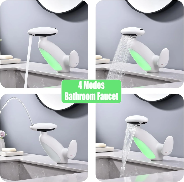 Baterie Chiuvetă Baie cu LED Inteligent, 4 Moduri de Jet, Cap Retractabil Extensibil 58 cm, Iluminare Automată în 6 Culori fără Baterii, Design Modern și Funcțional, Culoare Alb [4]