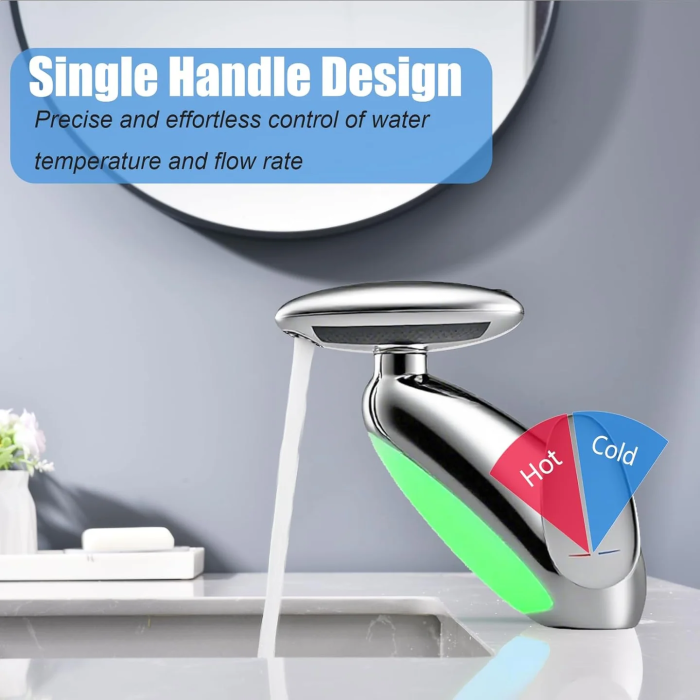 Baterie Chiuvetă Baie cu LED Inteligent, 4 Moduri de Jet, Cap Retractabil Extensibil 58 cm, Iluminare Automată în 6 Culori fără Baterii, Design Modern și Funcțional, Culoare Argintiu [7]