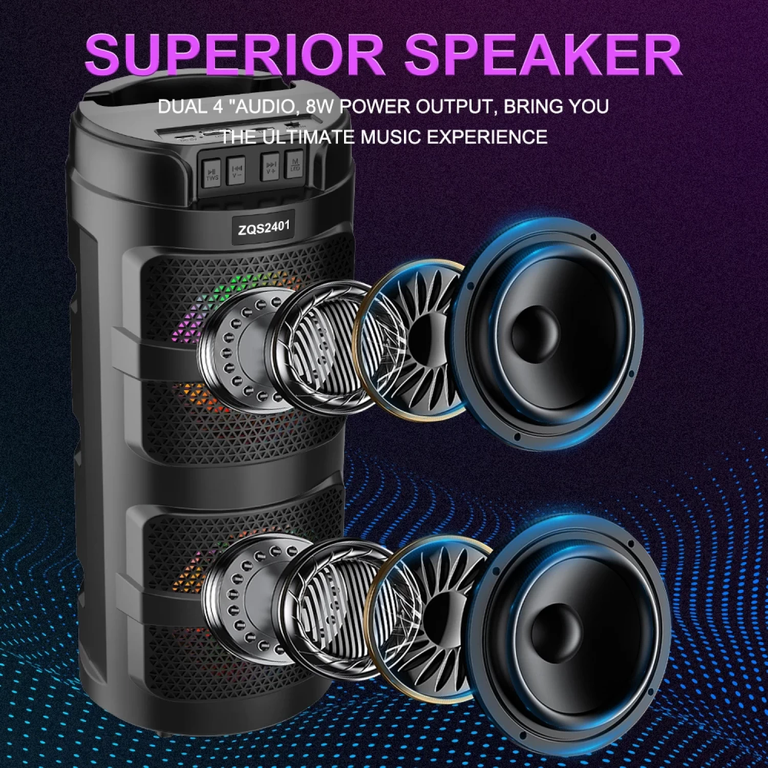 Boxă Portabilă - Sunet 300W PMPO, Bluetooth/USB/TF/AUX, Radio FM, Lumini LED Colorate, Baterie 18650, Design Compact [5]