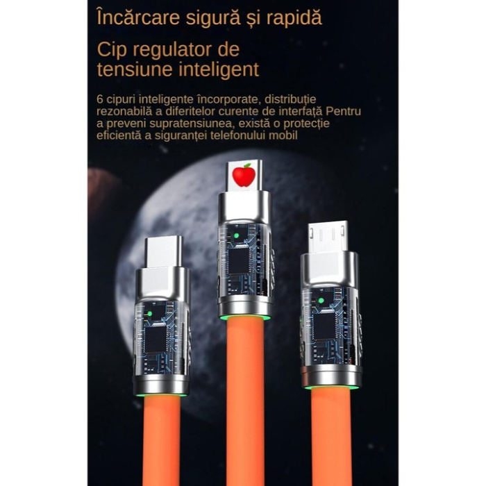 Cablu USB 3 în 1 pentru Încărcare Rapidă, 120W, 6A, Conectori USB-C, Lightning și Micro USB, Transfer de Date, Lungime 1,2 m, Silicon Flexibil, Capete din Aluminiu, Compatibil Universal, Portocaliu [2]