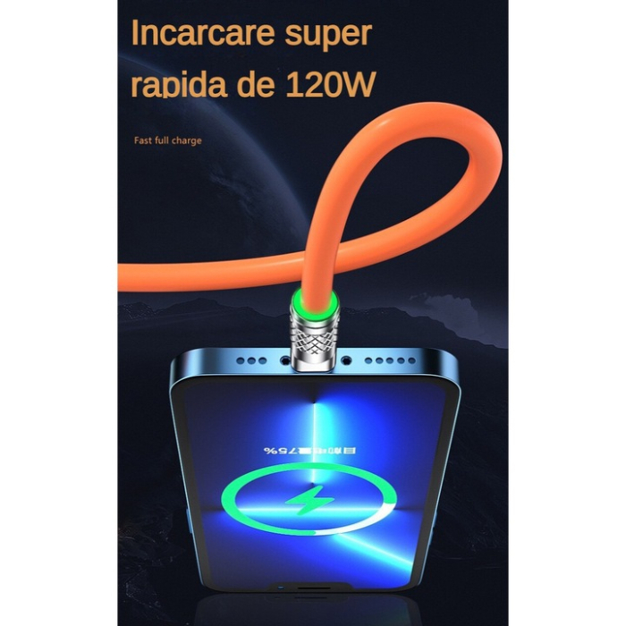 Cablu USB 3 în 1 pentru Încărcare Rapidă, 120W, 6A, Conectori USB-C, Lightning și Micro USB, Transfer de Date, Lungime 1,2 m, Silicon Flexibil, Capete din Aluminiu, Compatibil Universal, Portocaliu [5]