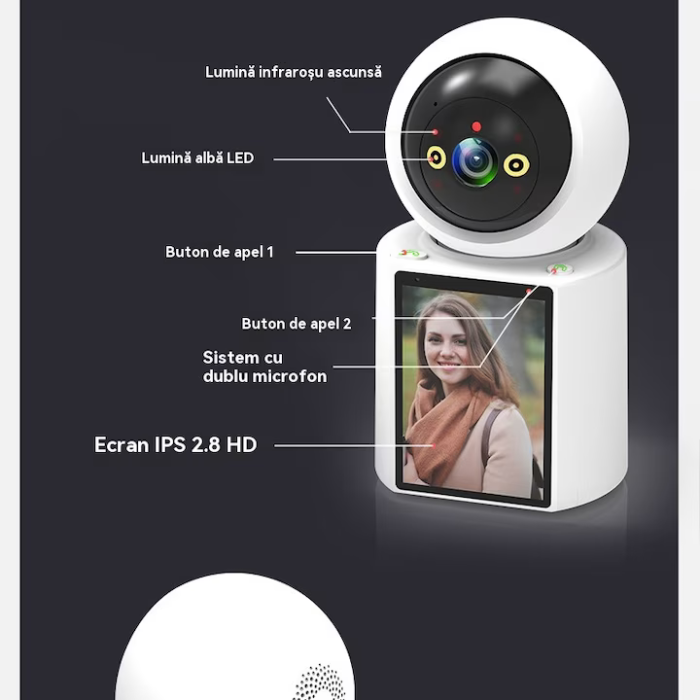 Cameră Supraveghere 4MP cu Ecran 2.8", Rotire 360°, Vedere Nocturnă Color, Detectare AI, Audio Bidirecțional, Alarmă Sonoră & Luminoasă [10]