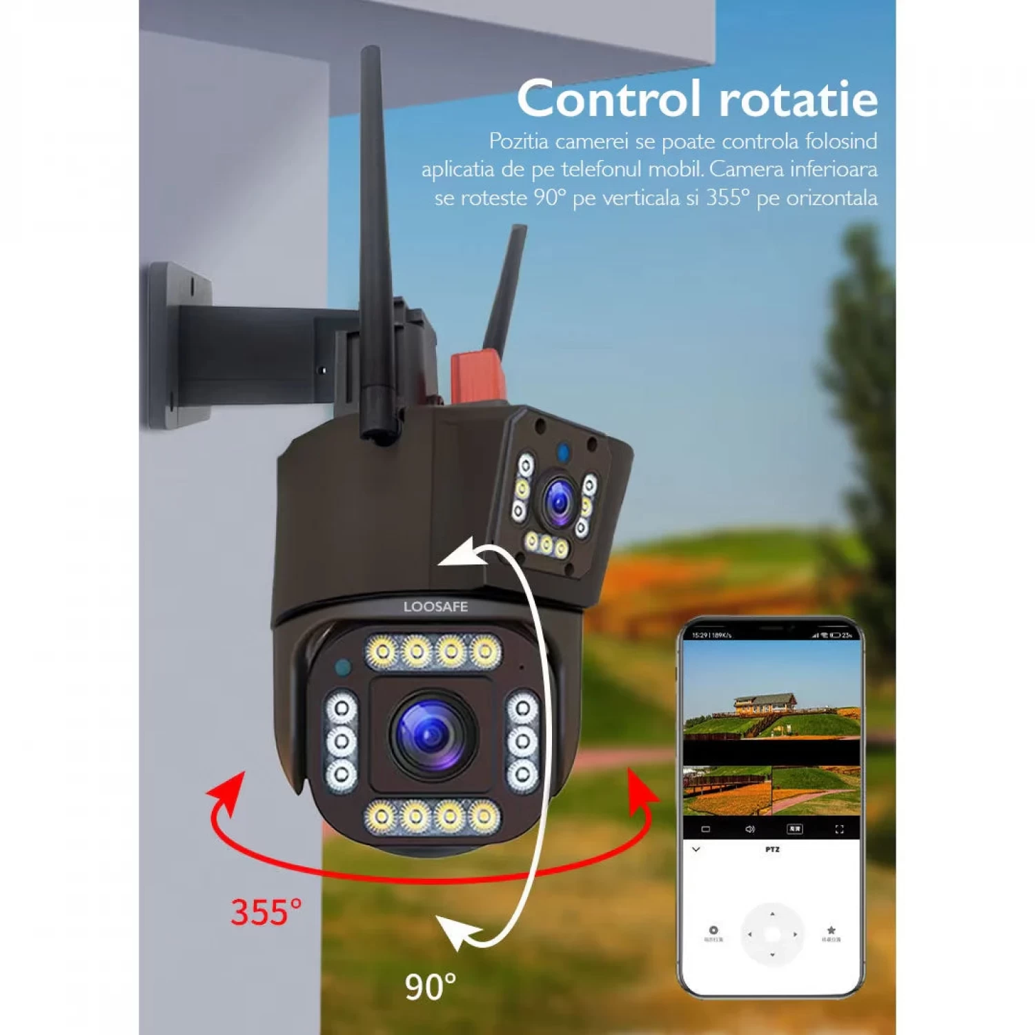 Camera supraveghere dubla, 4g, 2 lentile comunicare bidirectionala, cu aplicatie pentru Android, IOS si PC, gri/negru [10]