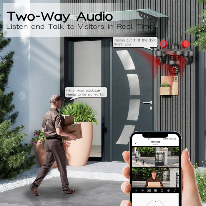 Cameră Supraveghere Exterior/interior WiFi 3 Lentile, 360°, Vezi Totul din Telefon, Night Vision, Audio Bidirecțional, Sirenă Integrată [8]