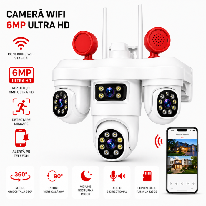 Cameră Supraveghere Exterior/interior WiFi 3 Lentile, 360°, Vezi Totul din Telefon, Night Vision, Audio Bidirecțional, Sirenă Integrată [4]