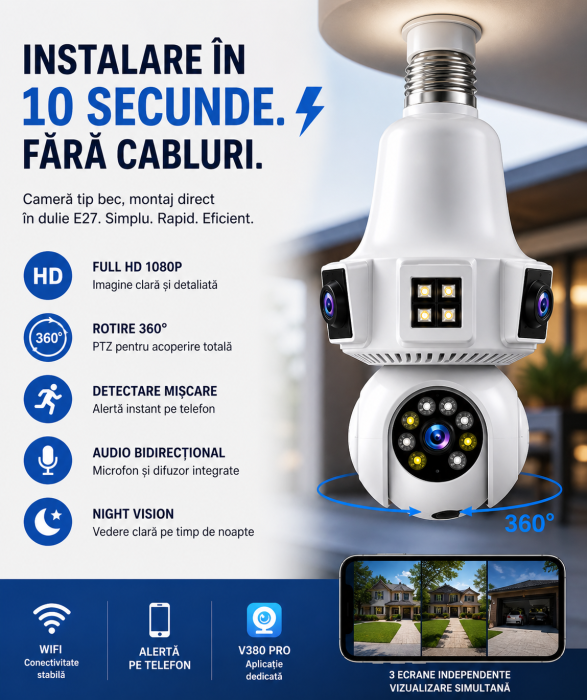 Cameră Supraveghere Tip Bec WiFi 1080p, 3 Lentile, 360°, Zoom 10X, Night Vision, Audio Bidirecțional, Montaj E27 [2]