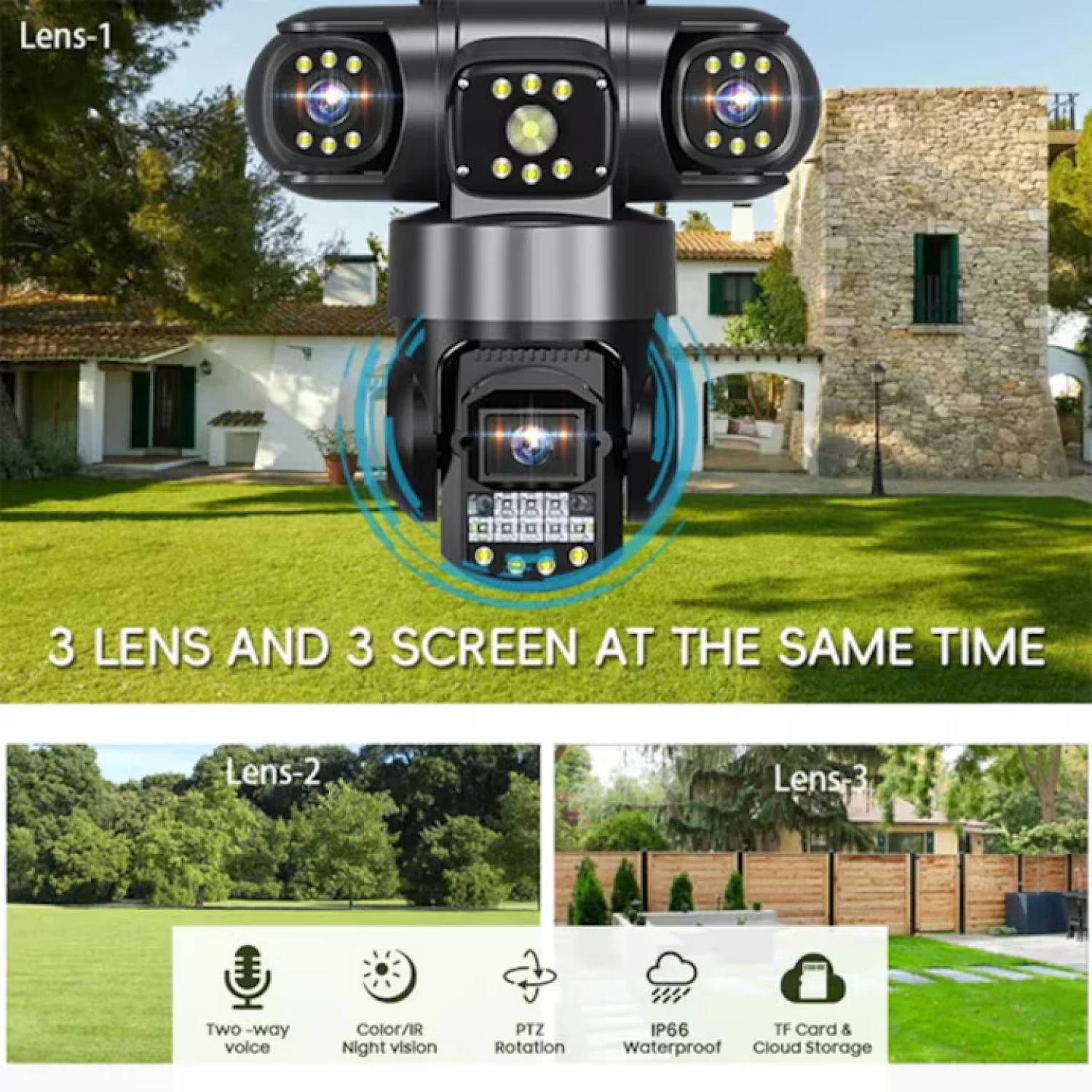 Cameră Supraveghere WiFi 3 Lentile, 360°, Vezi 3 Unghiuri din Telefon, Night Vision Color, Audio Bidirecțional [2]