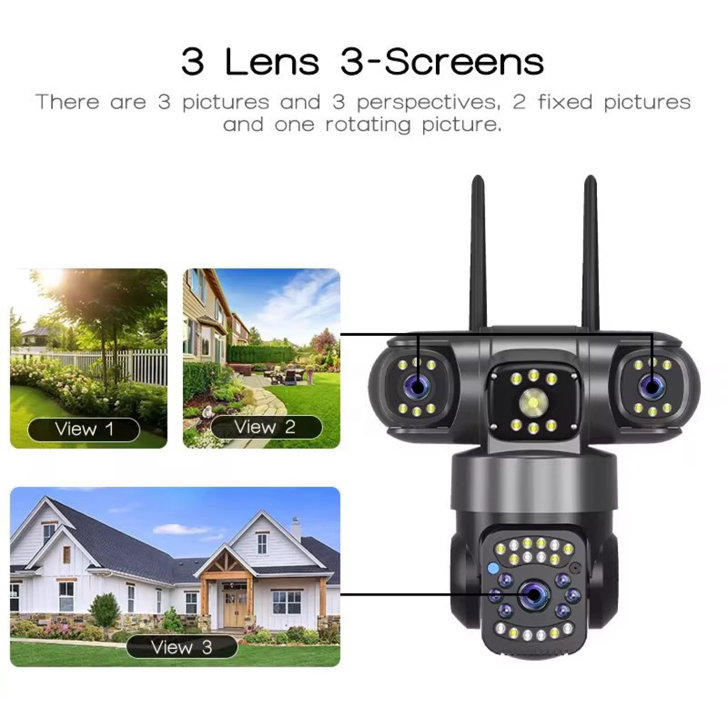 Cameră Supraveghere WiFi 3 Lentile, 360°, Vezi 3 Unghiuri din Telefon, Night Vision Color, Audio Bidirecțional [10]