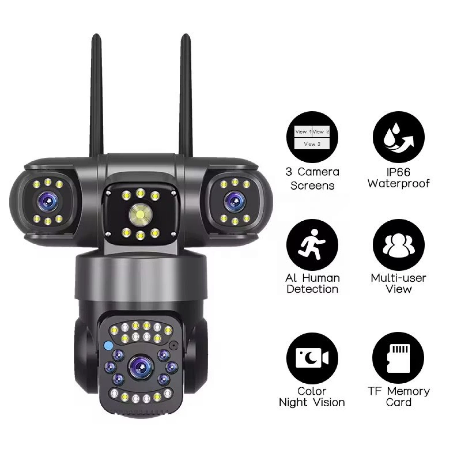 Cameră Supraveghere WiFi 3 Lentile, 360°, Vezi 3 Unghiuri din Telefon, Night Vision Color, Audio Bidirecțional [12]