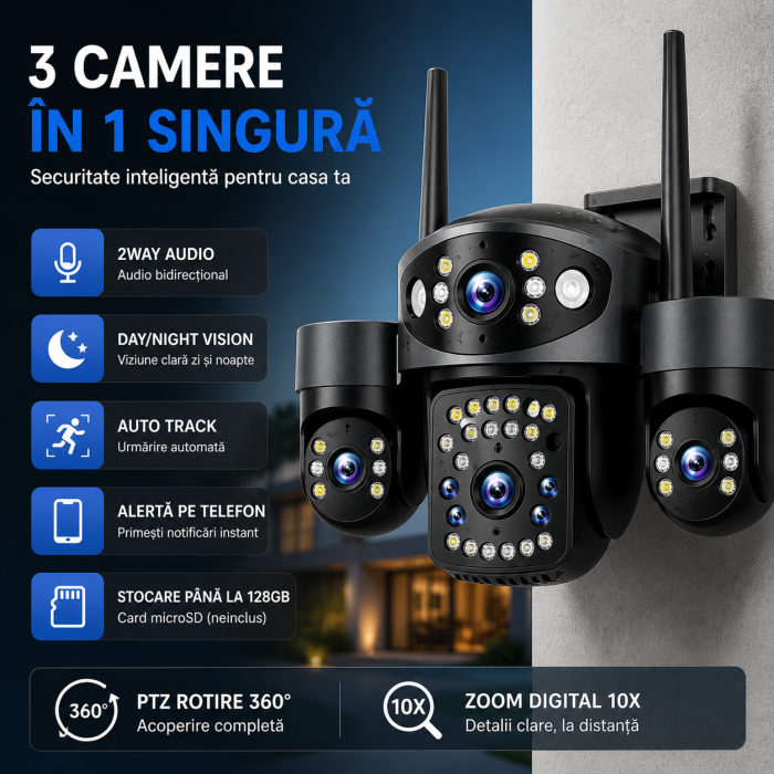 Camera supraveghere WiFi full hd, exterior, 3 lentile, PTZ 360°, zoom 10X, urmarire automata AI, vedere nocturna color, audio bidirectional [2]