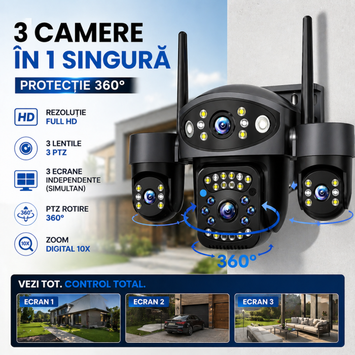 Camera supraveghere WiFi full hd, exterior, 3 lentile, PTZ 360°, zoom 10X, urmarire automata AI, vedere nocturna color, audio bidirectional [3]